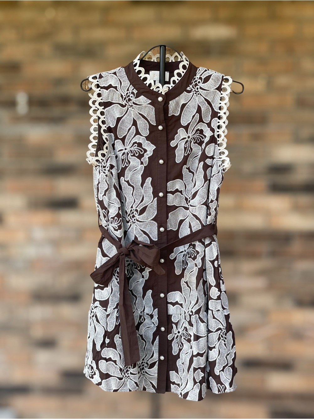 Entro Brown Ivory Embroidered Pearl Button Mini Dress